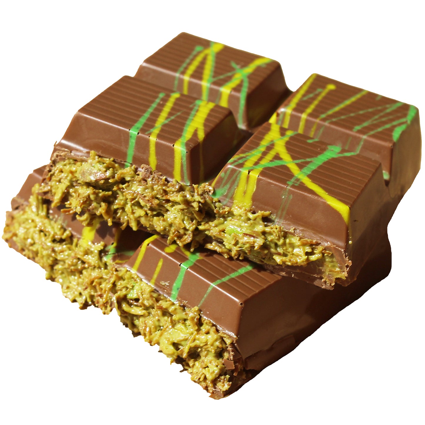 The Bulk Size Milky Dubai Chocolate Pistachio Bar by Ceres Gourmet features milk chocolate with green and yellow drizzle, a crispy pistachio filling, and comes in a 7oz 50-piece pack—a true delight for pistachio lovers.