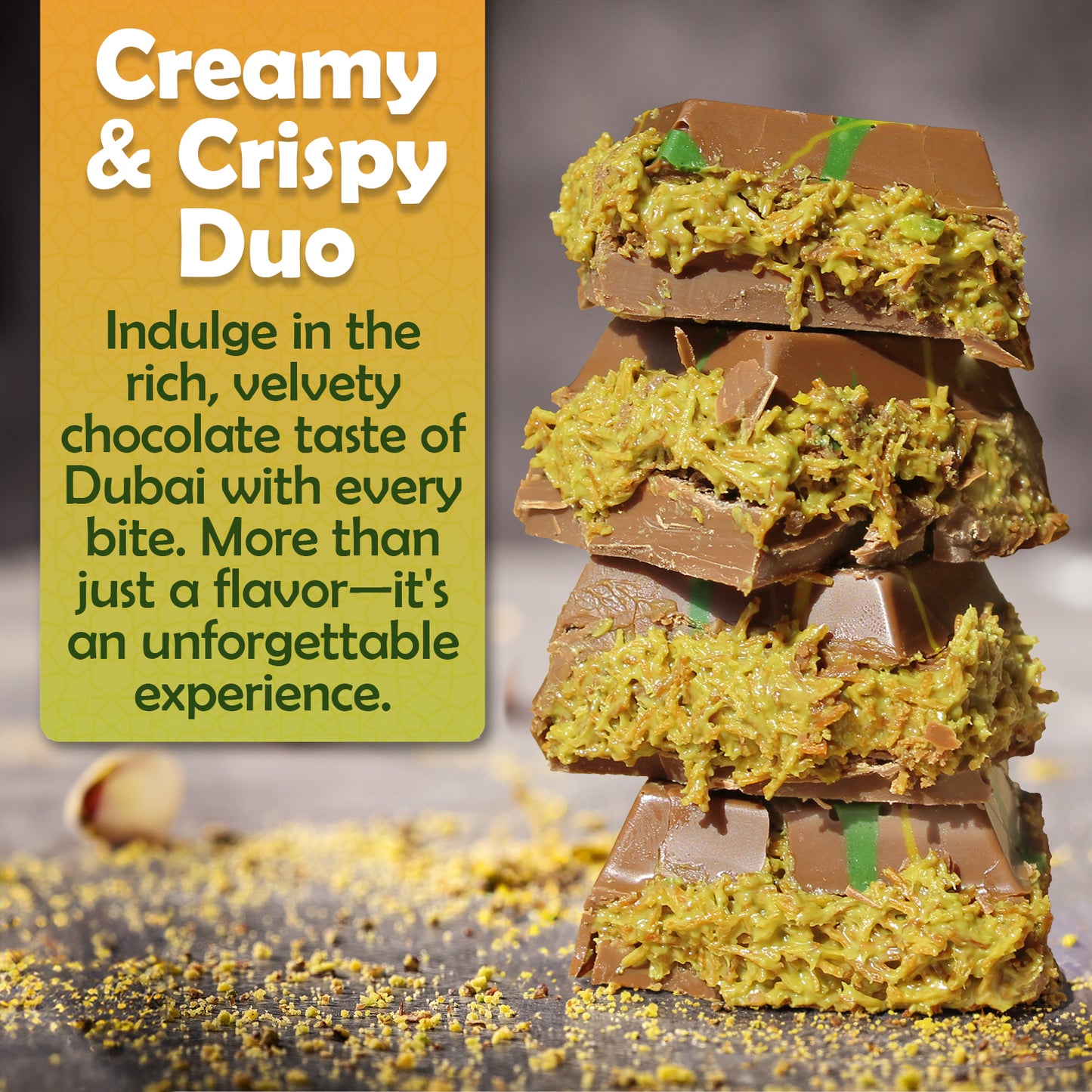 A stack of Ceres Gourmet Bulk Size Milky Dubai Chocolate Pistachio Bars (7oz, 50Pcs) sits by text promoting its creamy & crispy pistachio flavor and rich Dubai taste, with crushed nuts scattered nearby for an unforgettable treat.