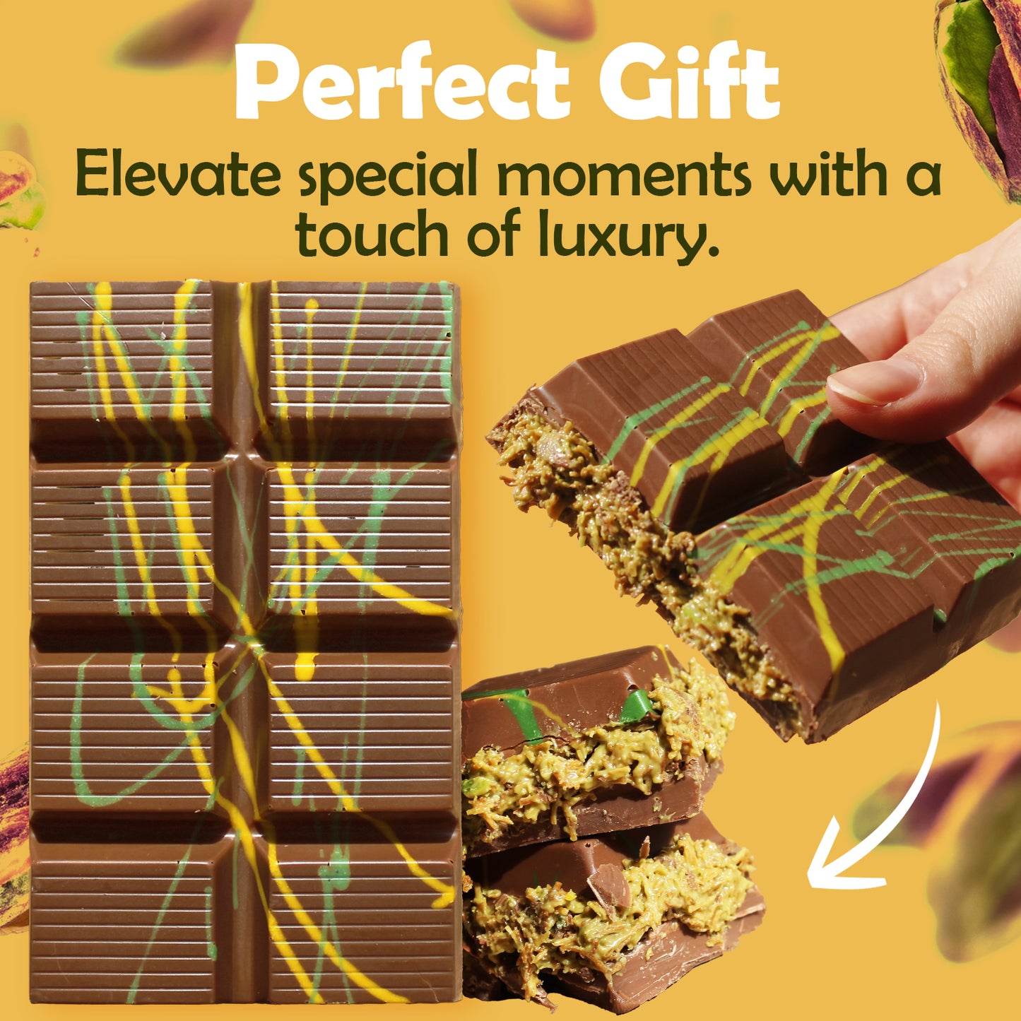 A hand holds a broken Bulk Size Milky Dubai Chocolate Pistachio Bar by Ceres Gourmet, showing its nutty filling and green drizzle. Text: Perfect Gift. Elevate special moments with this 7oz luxury bar—50pcs per pack, pistachios in the background.