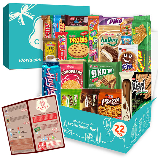The Ceres Gourmet Snack Boxes from Around the World feature 22 delicious assorted snacks like wafers, cookies, and chocolates. An open product info pamphlet is shown in front of the teal box.