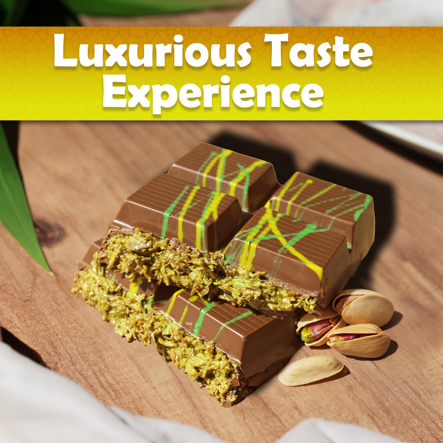 A close-up of Ceres Gourmet Bulk Size Milky Dubai Chocolate Pistachio Bars (7oz, 50Pcs) stacked on wood with pistachios nearby. A yellow banner reads Luxurious Taste Experience, highlighting these irresistible chocolate bars.