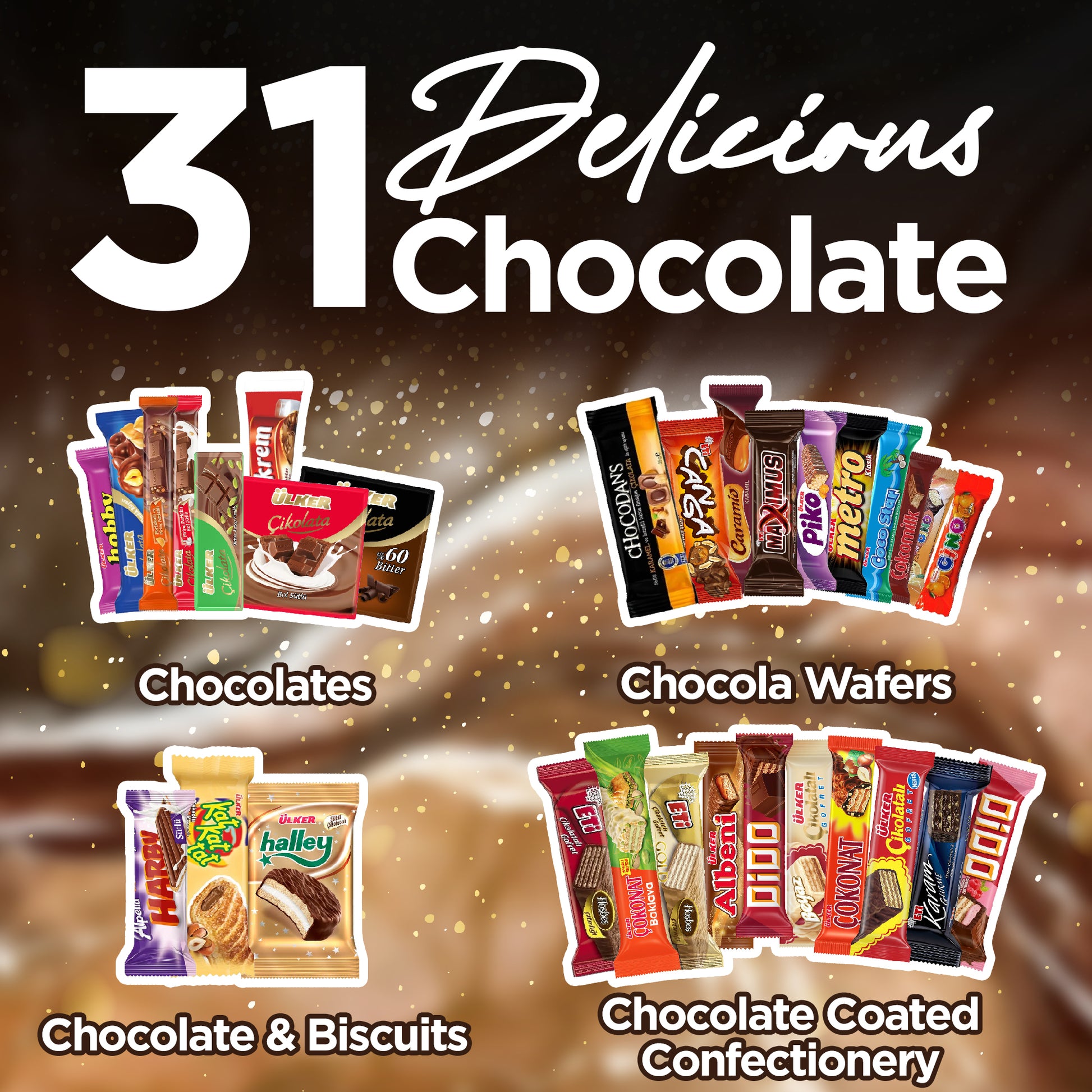 The Ceres Gourmet International Chocolate Variety Box 31 Pieces đ« offers a vibrant selection of exotic chocolate bars, chocolates, wafers, biscuits, and chocolate-coated confectioneryâboldly labeled 31 Delicious Chocolate.