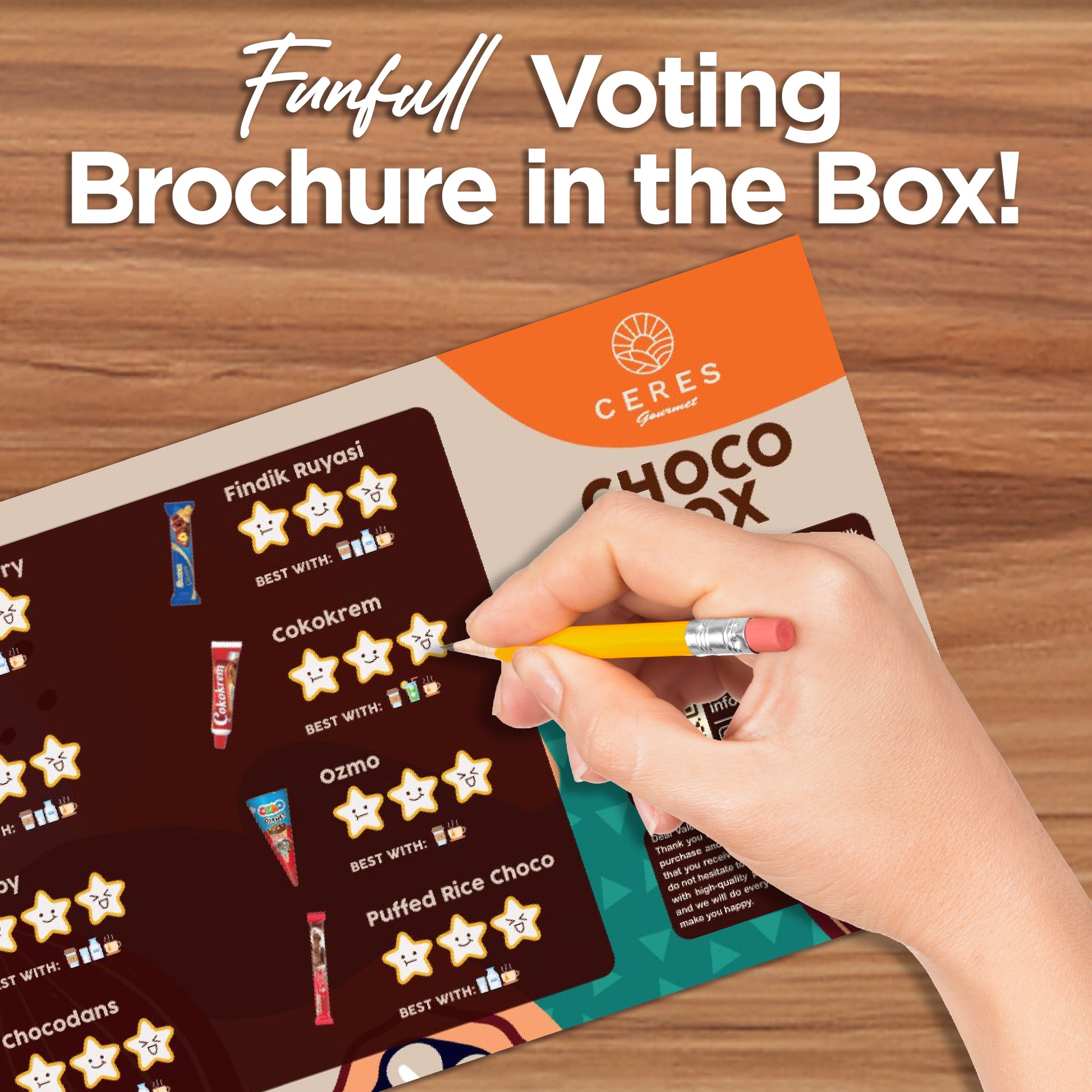 A hand holding a pencil marks stars on a voting brochure for Ceres Gourmets International Chocolate Variety Box 31 Pieces đ«, with the text Funfull Voting Brochure in the Box! displayed above.