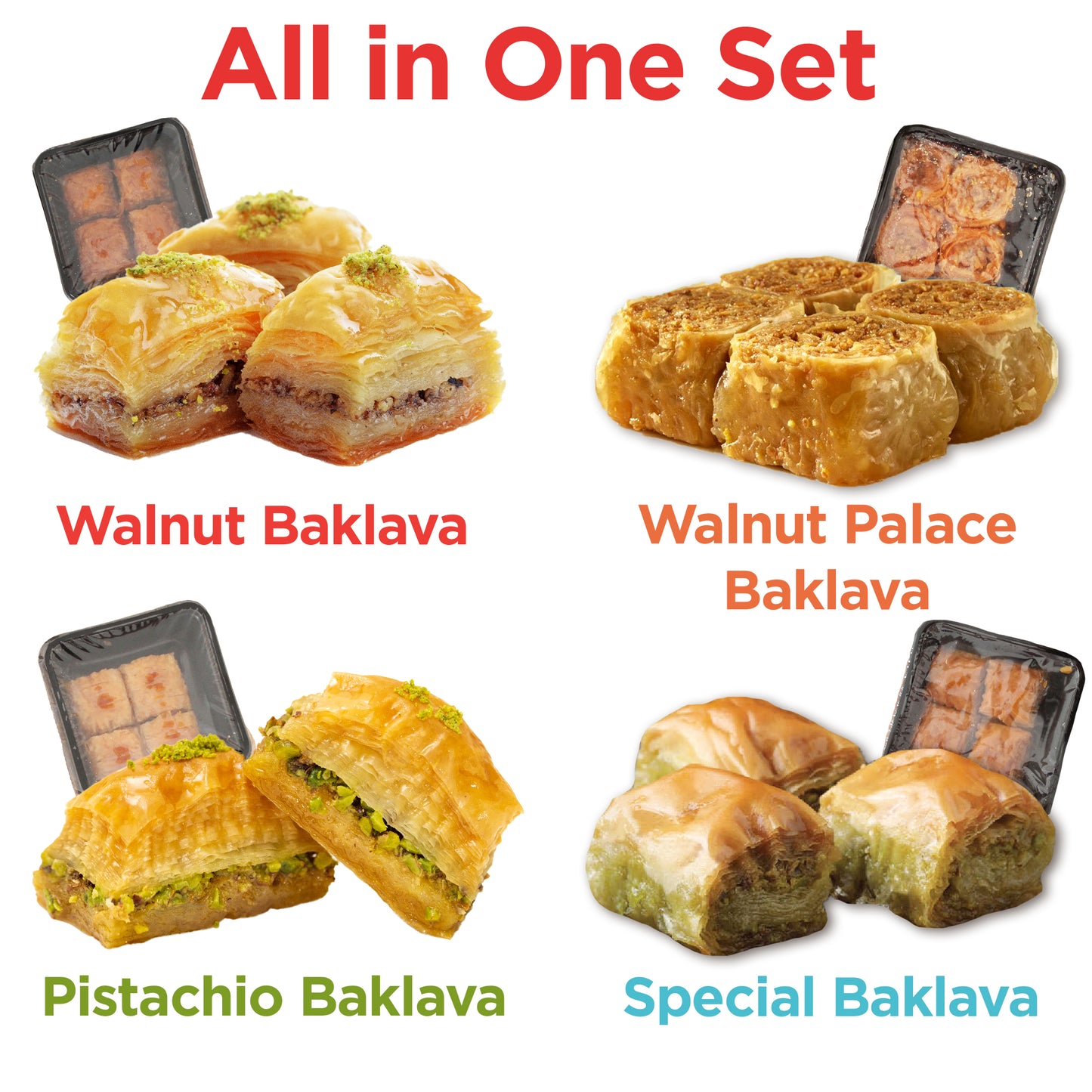 The Ceres Gourmet Assorted Turkish Baklava Variety Gift Set features four types—Walnut, Walnut Palace, Pistachio, and Special Baklava—in small, individually wrapped packs for a perfect pistachio and walnut treat.