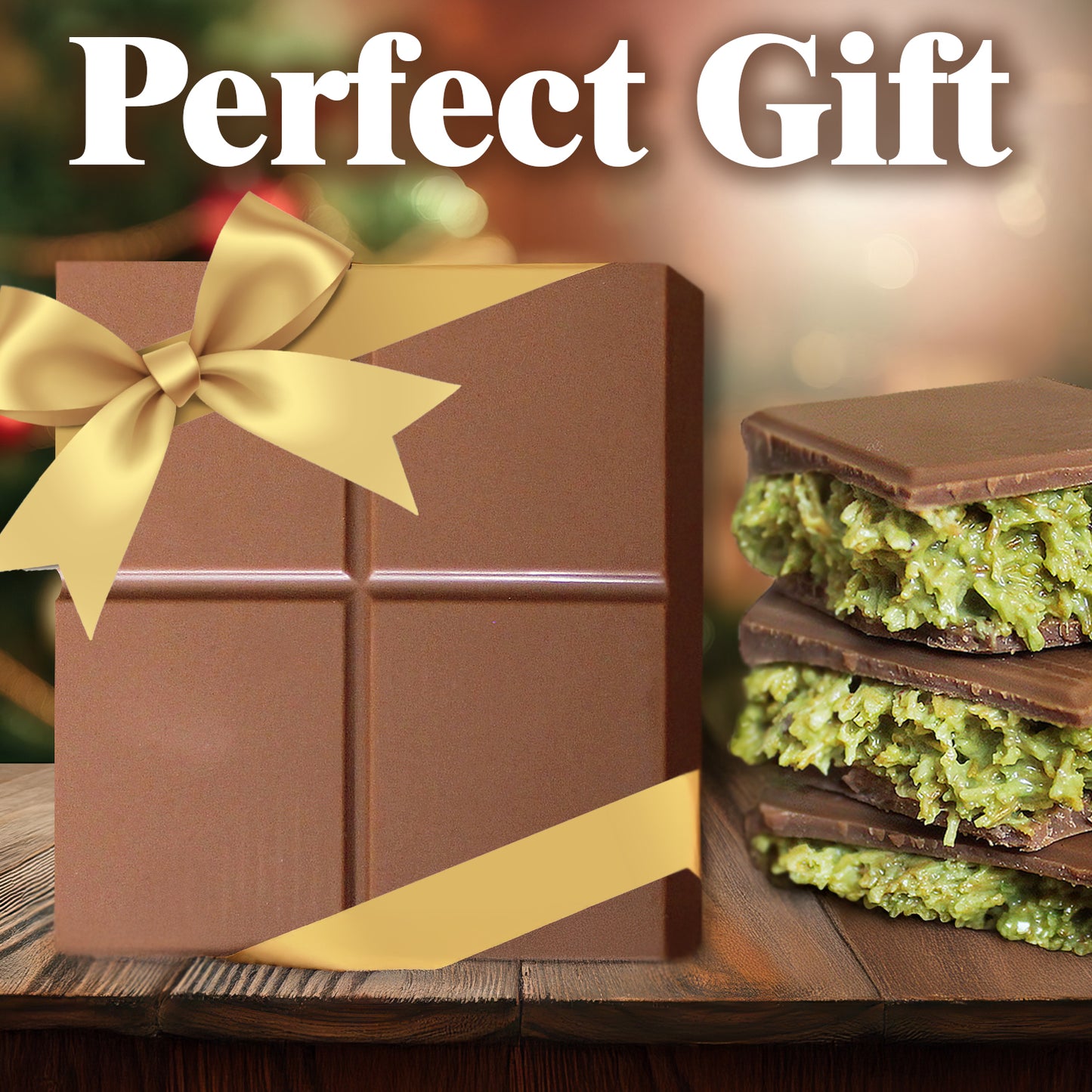 Ceres Gourmet Dubai Chocolate Pistachio Bar 3.5 Oz Square, wrapped in a gold ribbon, sits beside creamy pistachio pieces on a wooden table under "Perfect Gift." A festive background makes it an ideal luxury Halloween chocolate gift.