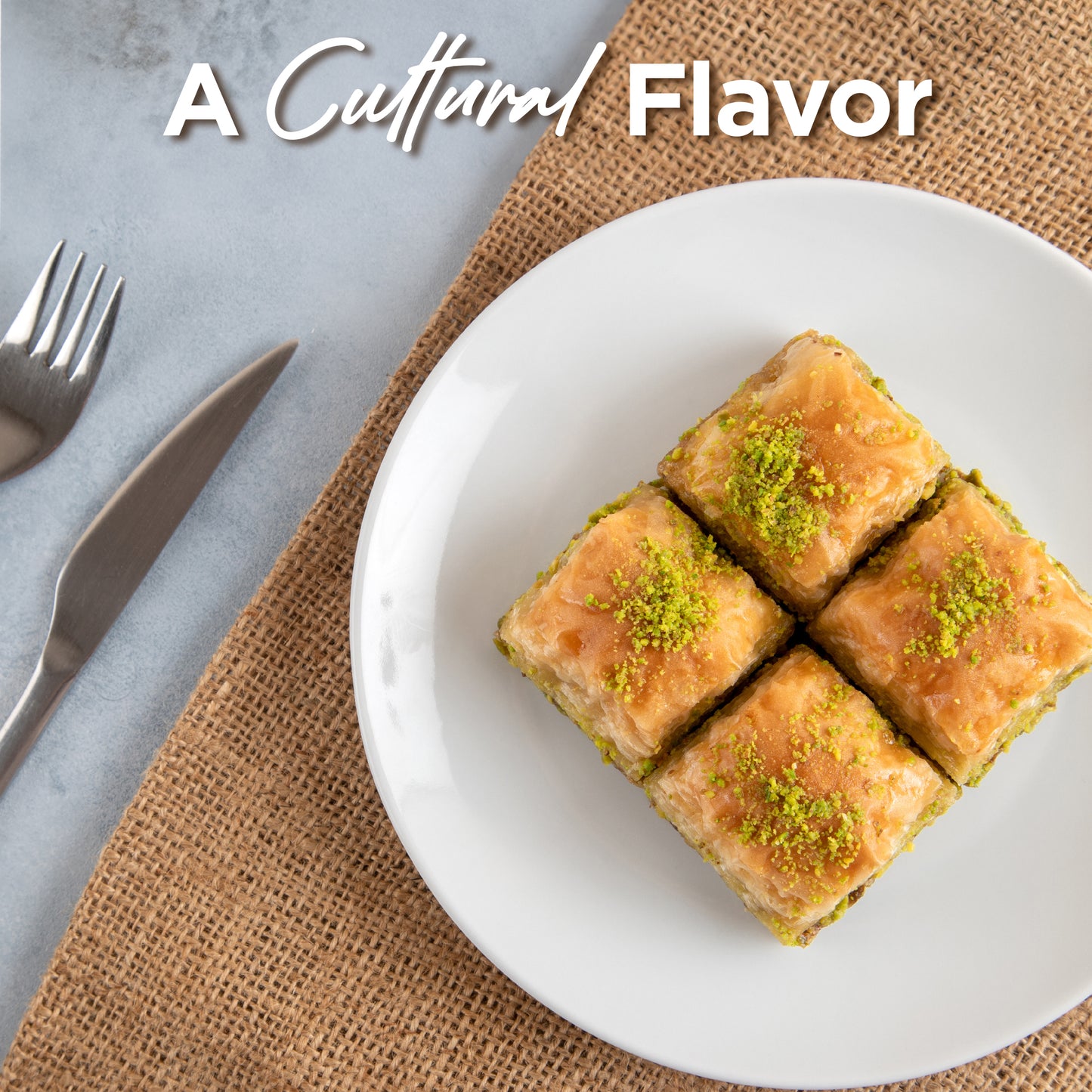 A Ceres Gourmet Assorted Turkish Baklava Variety Gift Set (Pistachio and Walnut 4 Pack) is arranged on a white plate atop burlap, with a fork and knife beside it. A Cultural Flavor is displayed at the top of the image.