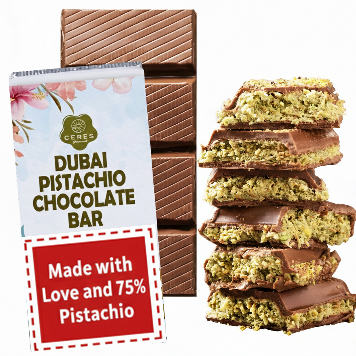 Viral Dubai Chocolate Bar, 75% Pistachio- 7 oz