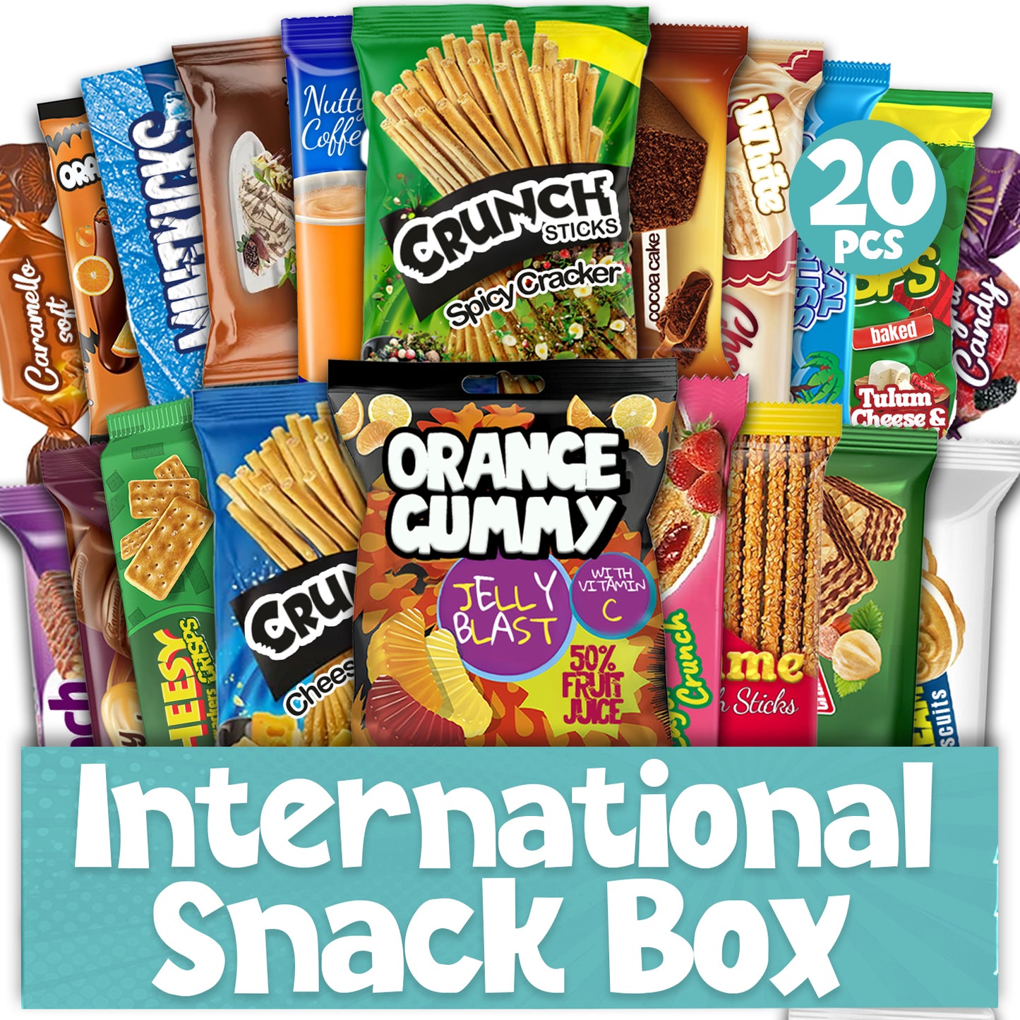Assorted snack packets with a 'International Snack Box' label.