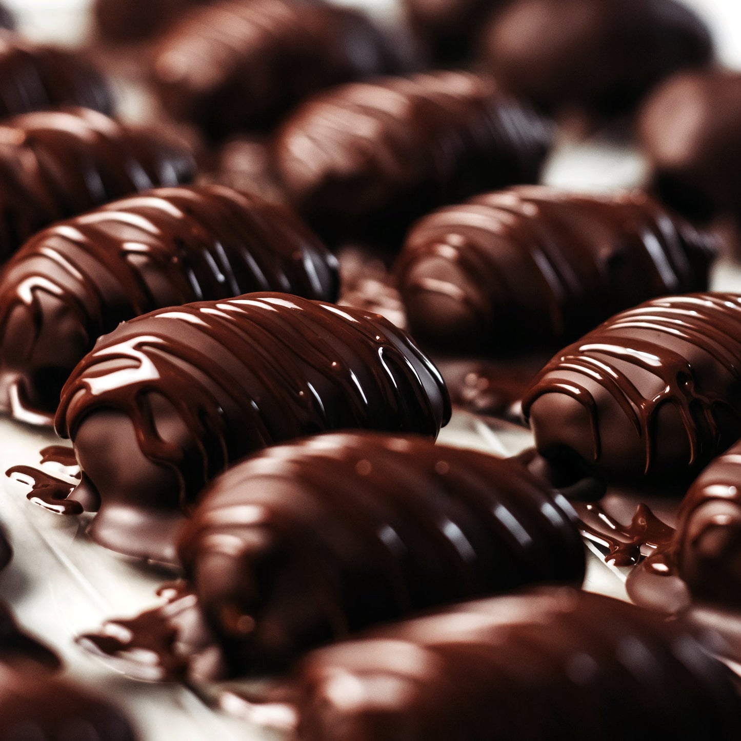 Close-up of Ceres Gourmet Dark Chocolate Coated Medjool Dates Stuffed with Almonds—2 packs, 8.46 oz—rows of glossy chocolate treats on a white surface, the perfect irresistible and healthy snack.