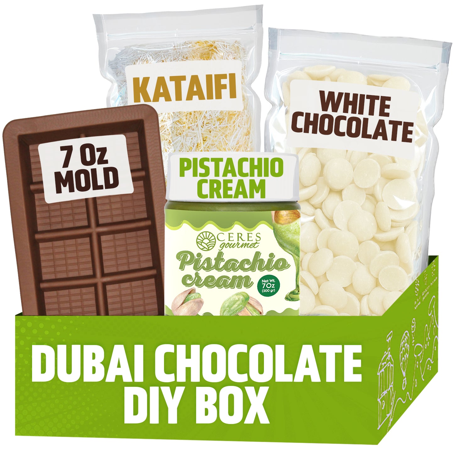 Craft your own viral dessert with the Ceres Gourmet Dubai Chocolate Bar DIY Set—Milky, Dark, or White Chocolate—with a 7 oz mold, kataifi, white chocolate, and pistachio cream, all in a stylish green box.