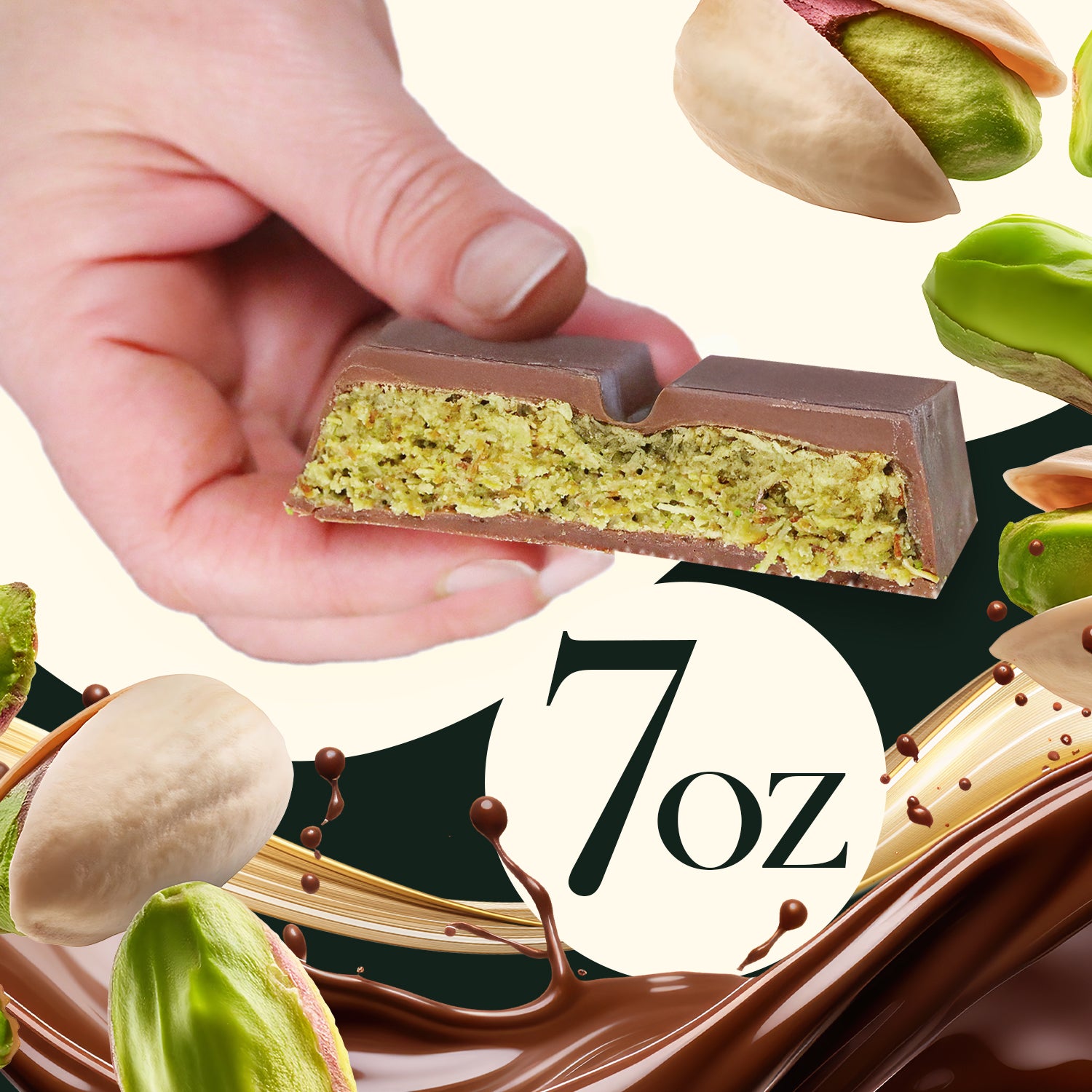 A hand holds the Ceres Gourmet Dubai Chocolate Pistachio Bar – 7oz (200g), filled with green pistachio cream. Around it are whole and shelled pistachios, swirling chocolate, and “7 oz” displayed in the center.