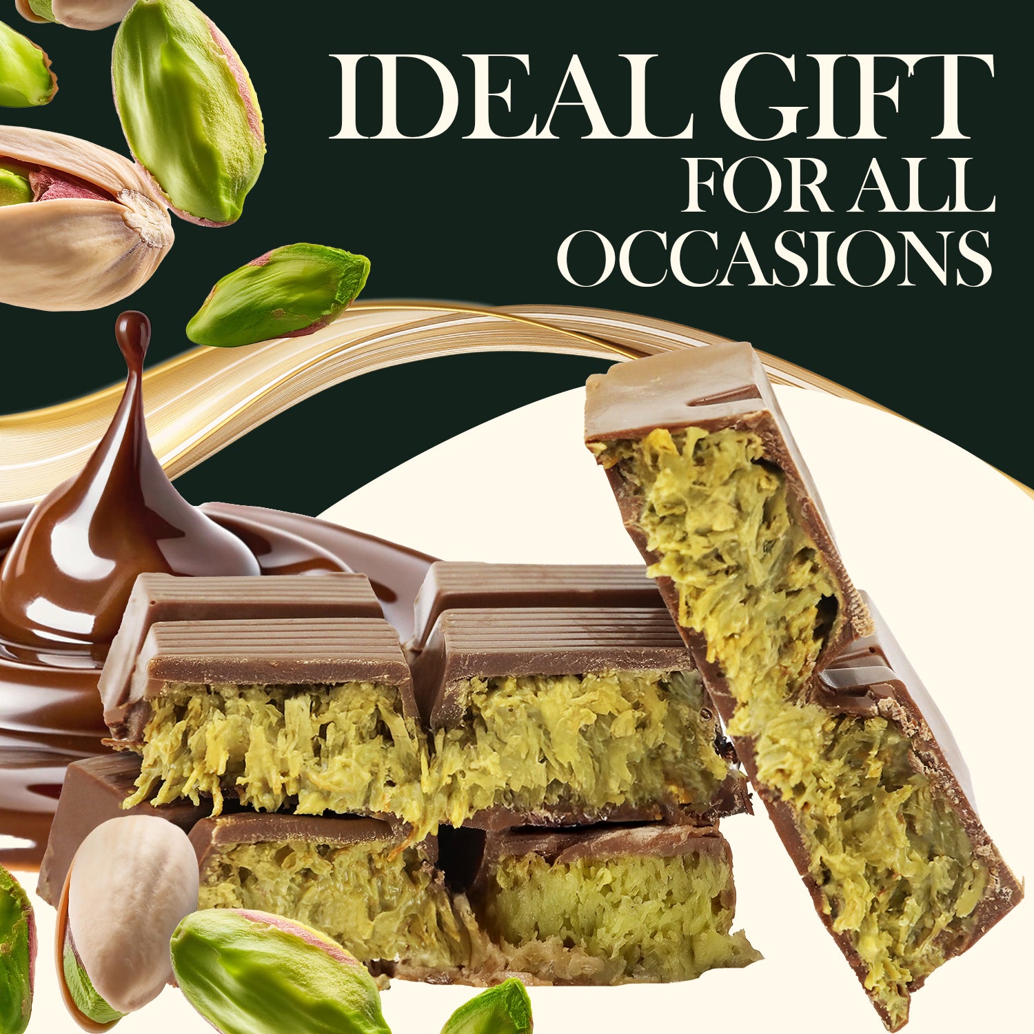 Ceres Gourmet’s Dubai Chocolate Pistachio Bar – 7oz (200g) features pistachio pieces and a chocolate swirl. Ideal gift for all occasions, this gourmet treat is a festive indulgence for pistachio chocolate lovers.