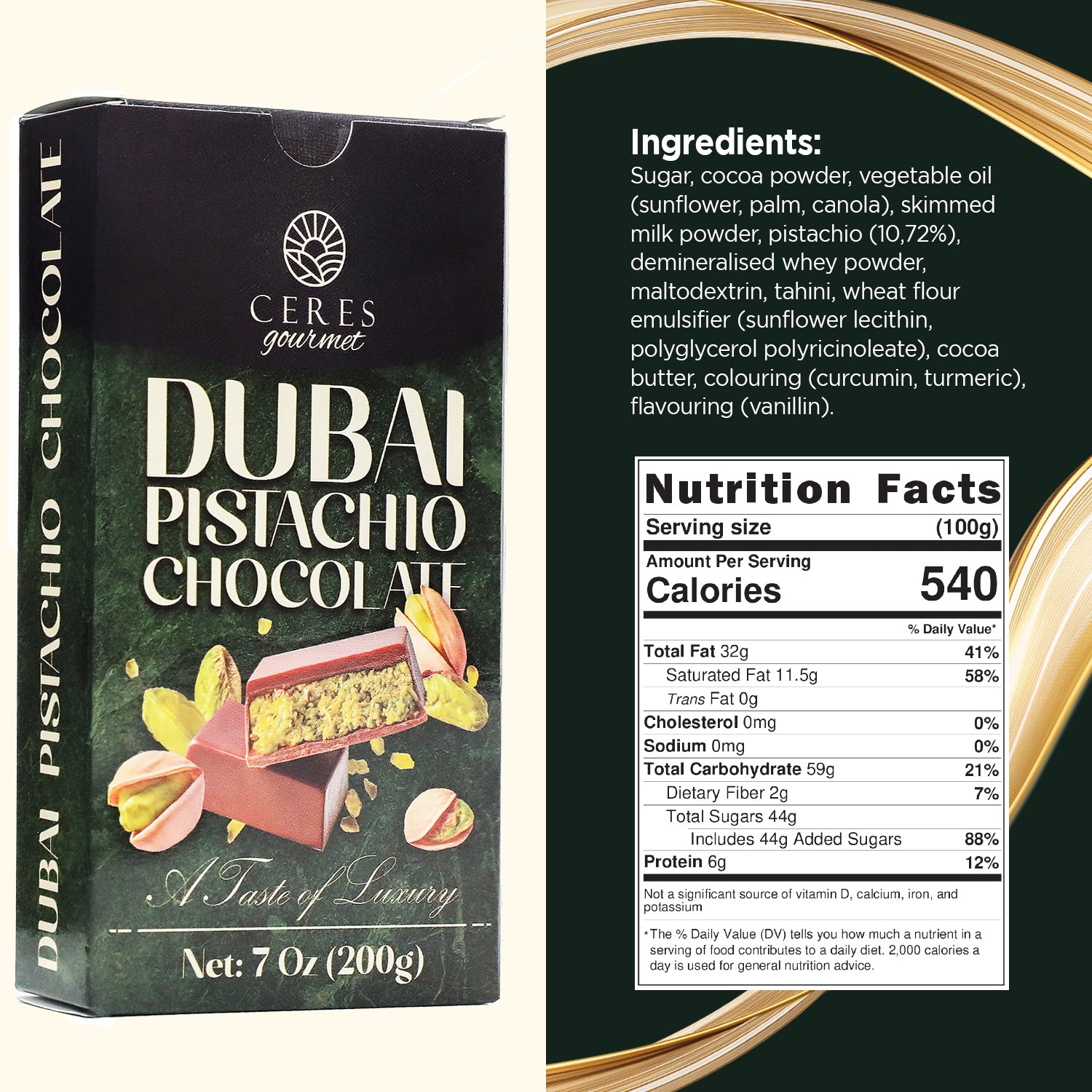 A Ceres Gourmet Dubai Chocolate Pistachio Bar (7oz/200g) is shown with its front, ingredients, and nutrition label. The packaging displays gourmet chocolate pieces with green pistachio filling and gold accents.
