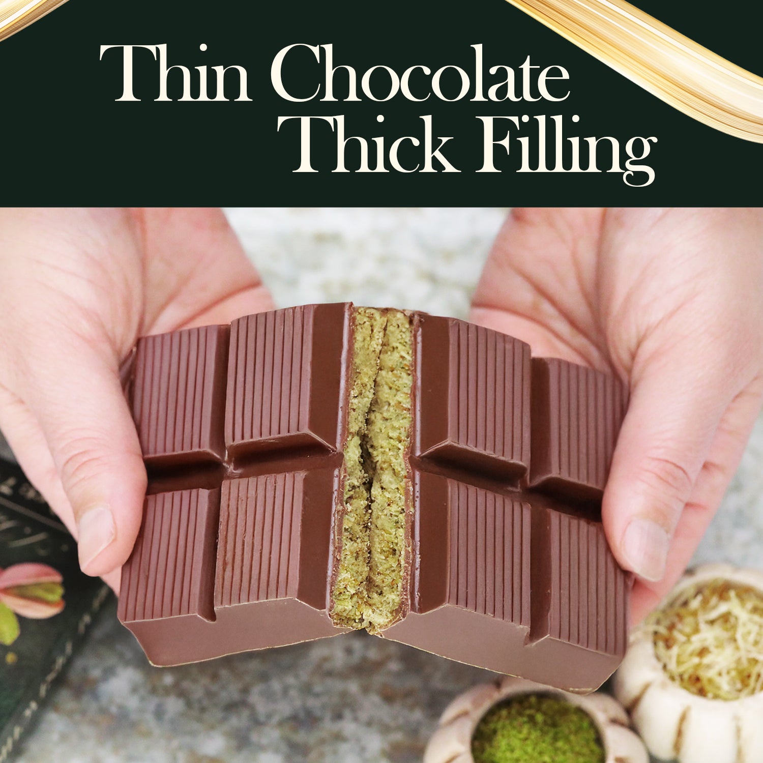 Two hands break a Dubai Chocolate Pistachio Bar by Ceres Gourmet, showing its thin chocolate shell and rich green pistachio filling. Text above reads: Thin Chocolate Thick Filling. 7oz (200g) bar.