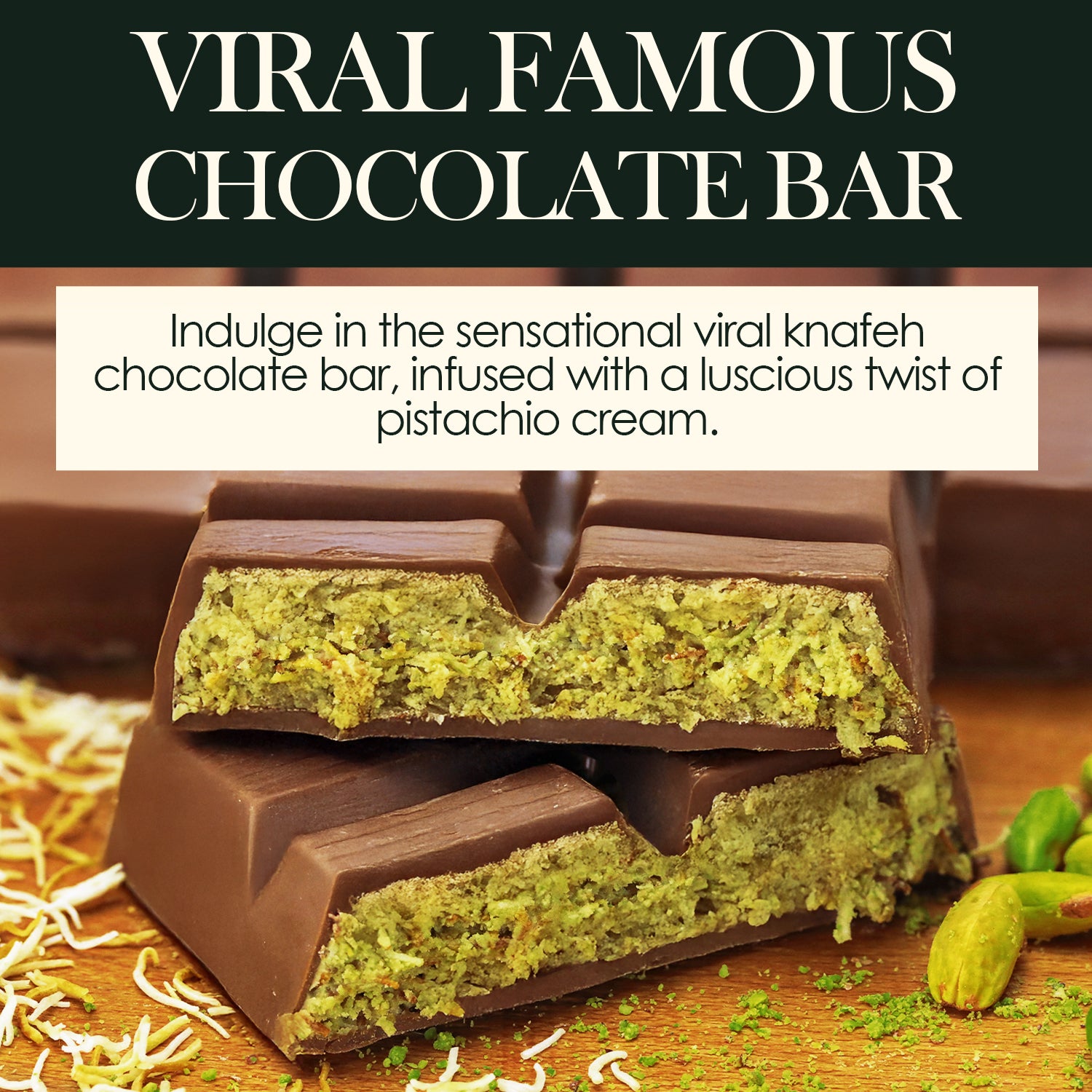 The Ceres Gourmet Dubai Chocolate Pistachio Bar – 7oz (200g) is cut in half to reveal pistachio cream and knafeh inside, with scattered pistachios and coconut flakes highlighting this viral, gourmet treat.