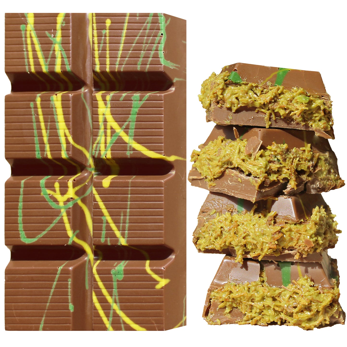 The Ceres Gourmet Dubai Chocolate Bar Trio - Dark, White, Milky (7 oz) features a stack of chocolate bars with a textured filling—ideal for fans of premium chocolates.