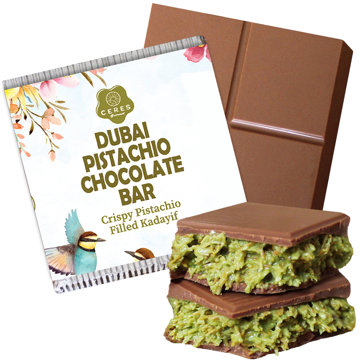 The Ceres Gourmet Dubai Chocolate Pistachio Bar 3.5 oz Square features elegant floral packaging and a milk chocolate shell with a green, crispy pistachio kadayif filling—a luxurious Middle Eastern dessert, perfect as a gourmet Halloween gift.