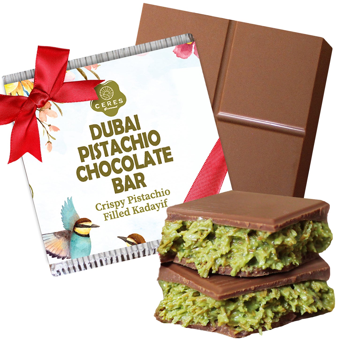 The Ceres Gourmet Dubai Chocolate Pistachio Bar 3.5 Oz Square features elegant packaging with a red bow and bird, revealing pistachio-filled chocolate—a luxurious Middle Eastern treat and perfect gourmet Halloween gift.