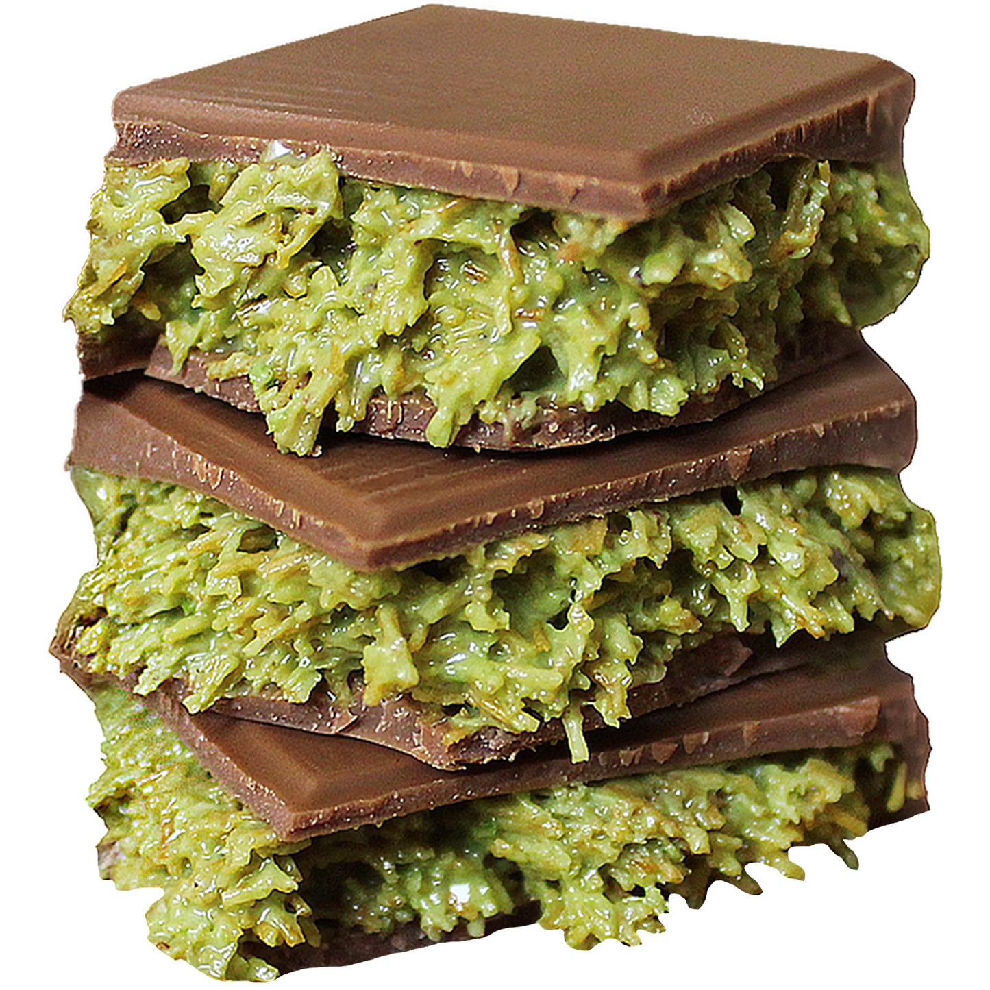 Ceres Gourmet's Dubai Chocolate Pistachio Bar 3.5 Oz Square—a luxury Halloween chocolate—features gourmet squares filled with green pistachio and coconut, inspired by Middle Eastern desserts, displayed against a white background.