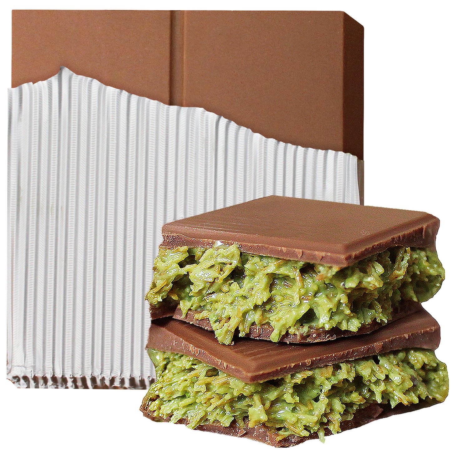 Two squares of milk chocolate with green matcha coconut are stacked before a large Ceres Gourmet Dubai Chocolate Pistachio Bar 3.5 oz Square, partially wrapped in torn white paper—a luxurious Halloween chocolate gift.
