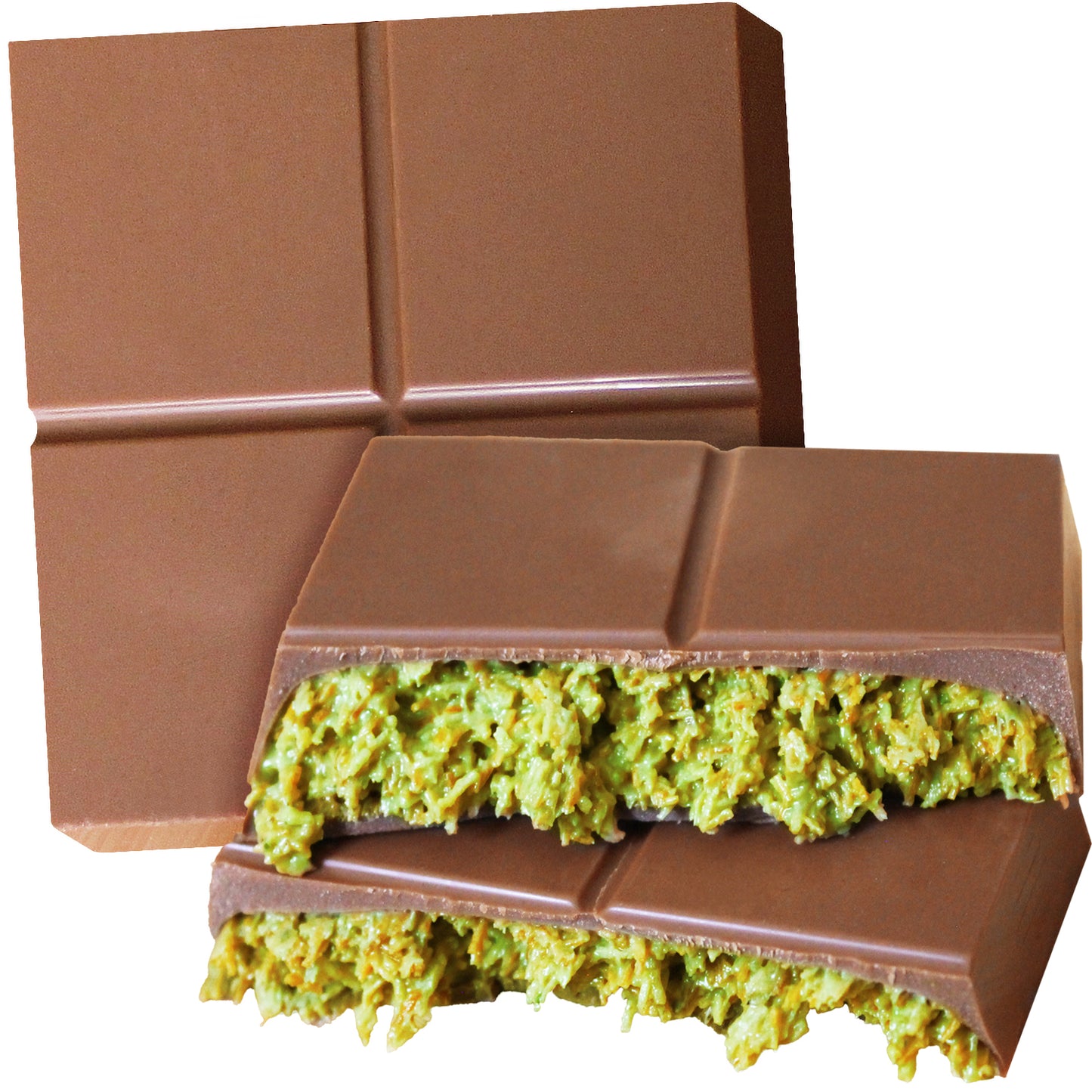 The Ceres Gourmet Dubai Chocolate Pistachio Bar 3.5 Oz Square, a luxury Halloween chocolate, is shown with a green, textured pistachio filling inside one broken piece and another square sitting behind as part of this gourmet treat.