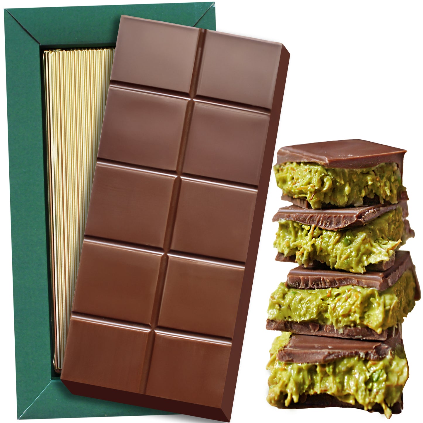 The Ceres Gourmet Special Viral Dubai Chocolate Pistachio Bar 7oz sits atop its elegant green and gold box, next to a stack of chocolate pieces with creamy pistachio filling.