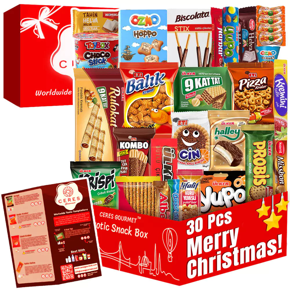 The Ceres Gourmet 50-Pack International Snack Box offers assorted treats like wafers, cookies, chips, and chocolates—ideal for employee appreciation or corporate gifting. A product card is displayed next to the festive box.