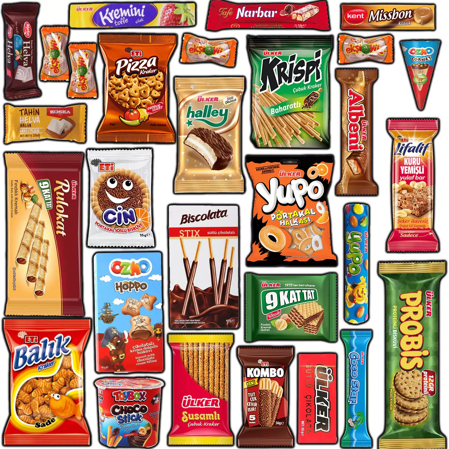 Ceres Gourmet’s 50-Pack International Snack Box offers assorted treats—cookies, wafers, biscuits, chocolates—in vibrant Turkish snack packages. Brands and flavors are clearly visible against a white background; perfect for corporate or employee gifts.