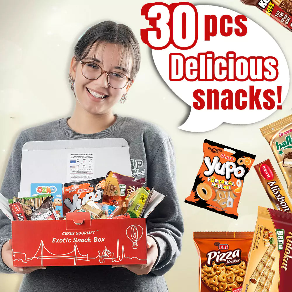 A smiling person holds an open red box with assorted treats. Text reads 50-Pack International Snack Box! Try Ceres Gourmet’s global snack selection—perfect for employee appreciation or corporate gifts—featuring Yupo, Pizza Snack, and Missbon.