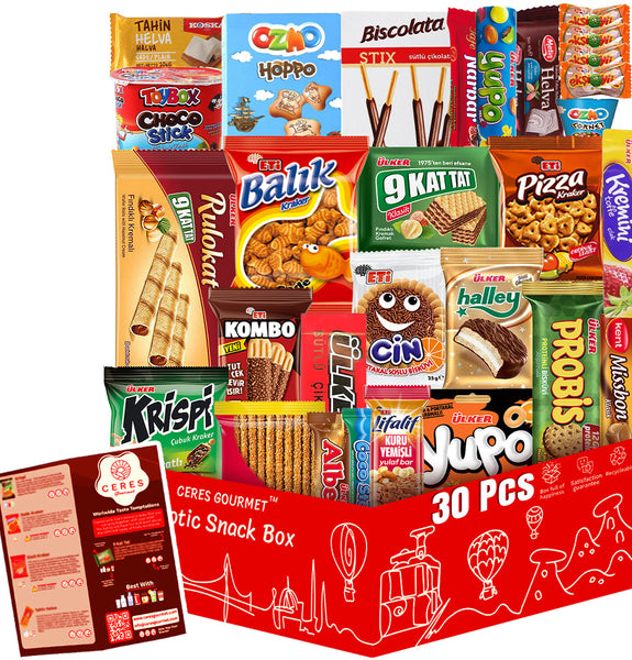 International Snack Box 30 Pcs,  Premium Foreign Rare Snack Food Gifts with Suprise Item, European Snacks