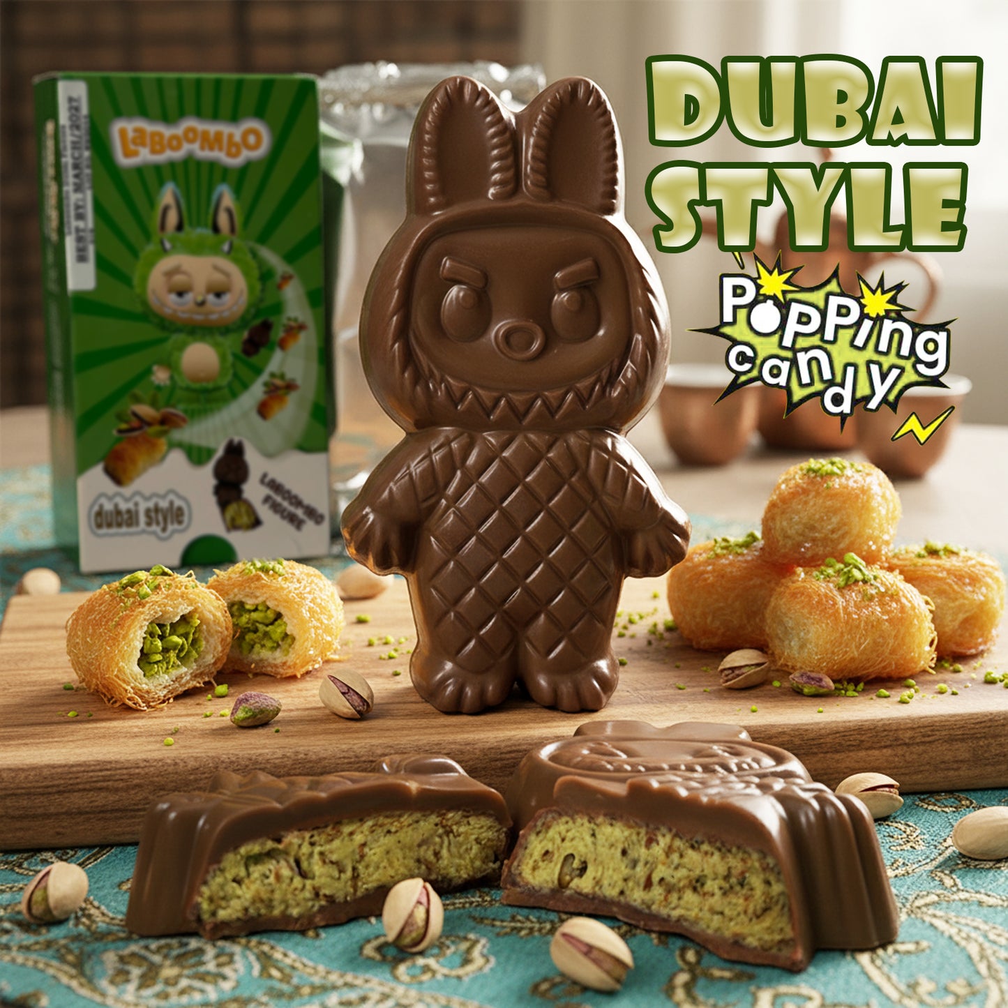 Chocolate bunny-shaped dubai chocolate with pistachio filling on a wooden board, surrounded by pistachios and a box labeled 'Dubai Style Popping Candy'.