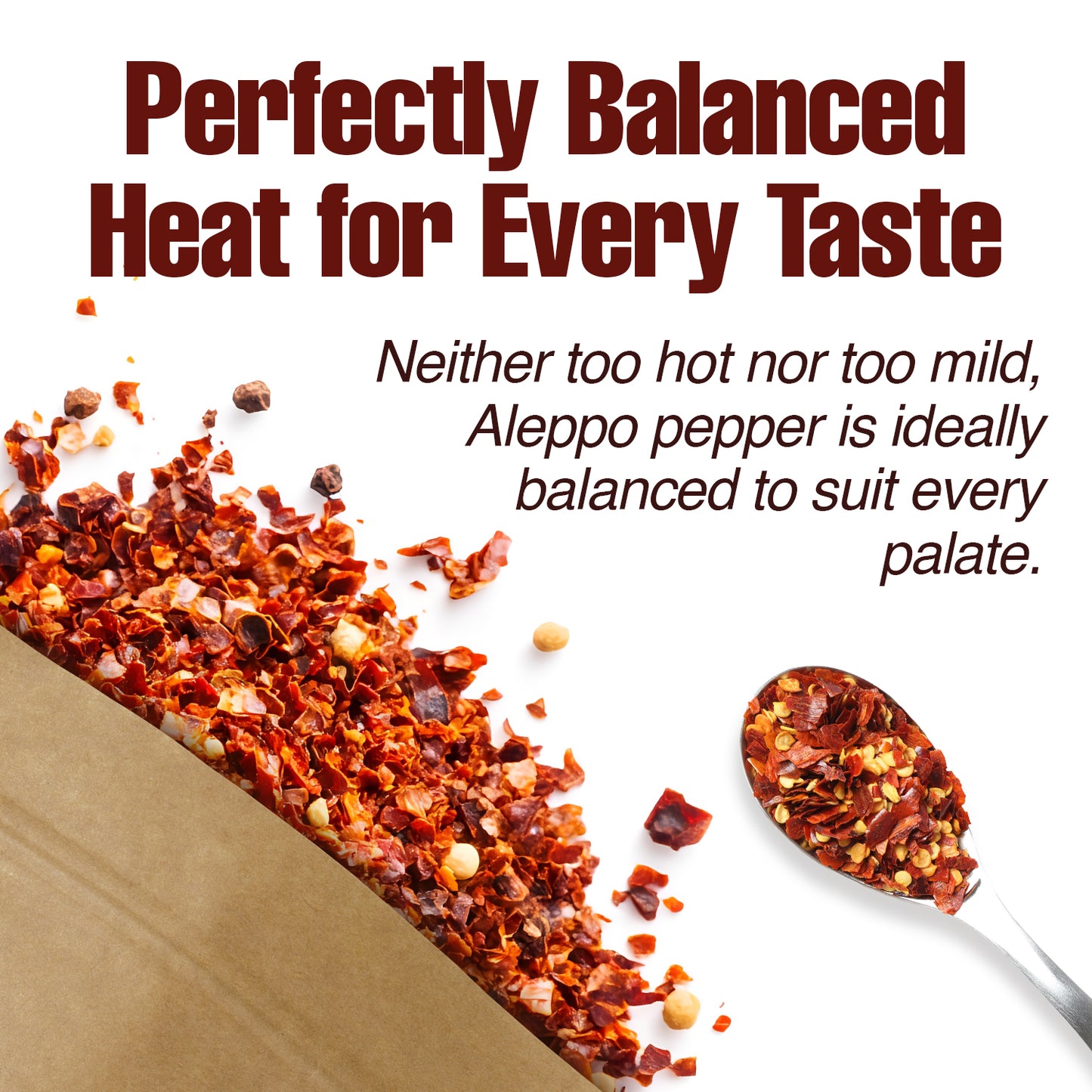 A close-up of Ceres Gourmet Premium Aleppo Pepper 7 Oz, freshly ground flakes spilling from a brown bag with a spoon, captures its exquisite flavor and mild heat. Text reads: Perfectly Balanced Heat for Every Taste.