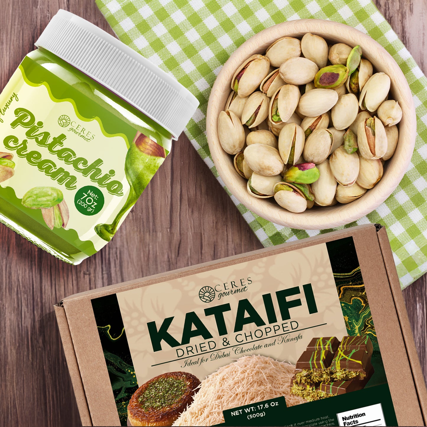 Kataifi dried and chopped pistachios with packaging on a checkered cloth