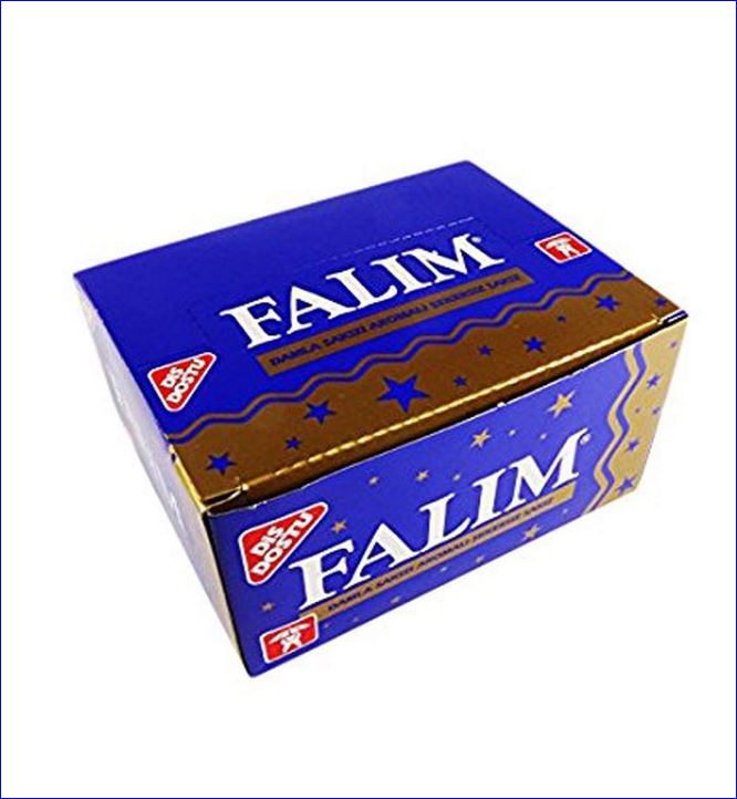 A blue and gold box of Ceres Gourmets Falim Sugar-Free Chewing Gum with Mastic Gum (100 pieces) features stars, wavy lines, and bold white branding on the sides, showcasing this popular Turkish gum.