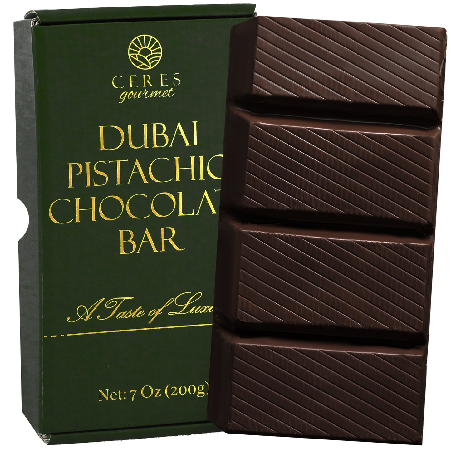 A Ceres Gourmet Viral Dubai Chocolate Bar Dark 75% Pistachio 7 oz in dark green and gold packaging is displayed beside an unwrapped, four-segment gourmet dark chocolate bar marked with diagonal lines.