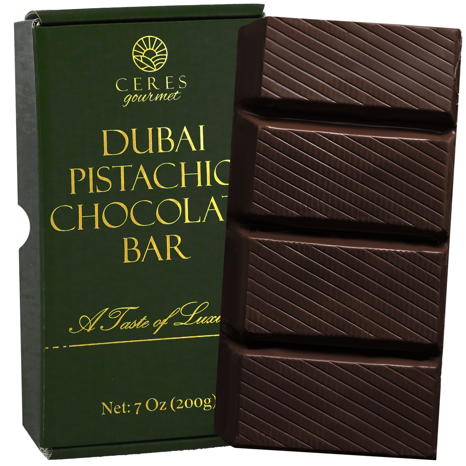 A Ceres Gourmet Viral Dubai Chocolate Bar Dark 75% Pistachio 7 oz in dark green and gold packaging is displayed beside an unwrapped, four-segment gourmet dark chocolate bar marked with diagonal lines.