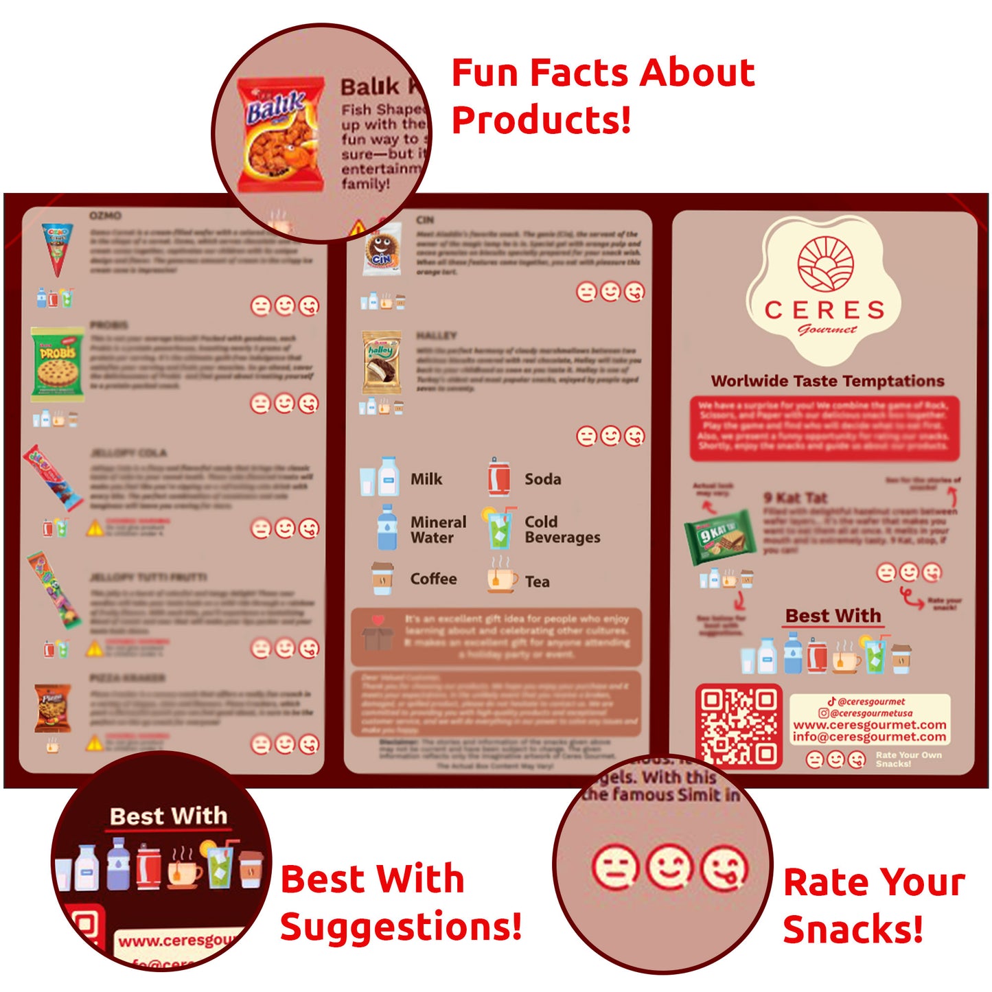 An infographic for Ceres Gourmet’s Snack Boxes from Around the World – 22 Delicious Snacks shows global treats, beverage pairings, ratings icons, fun facts, red accents, circular highlights for suggestions and contact info.