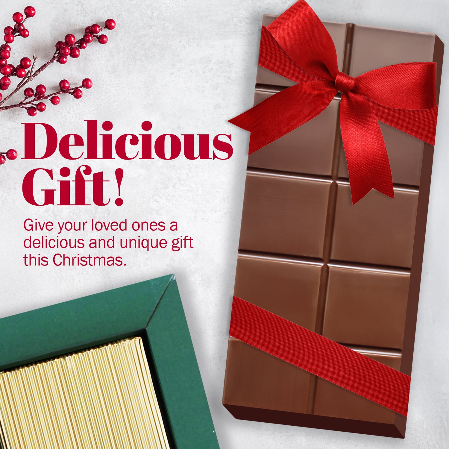 A Ceres Gourmet Special Viral Dubai Chocolate Pistachio Bar 7oz with Elegant Box rests on a light surface near red berries. Text reads: Delicious Gift! Surprise your loved ones with this unique chocolate treat from Ceres Gourmet this Christmas.