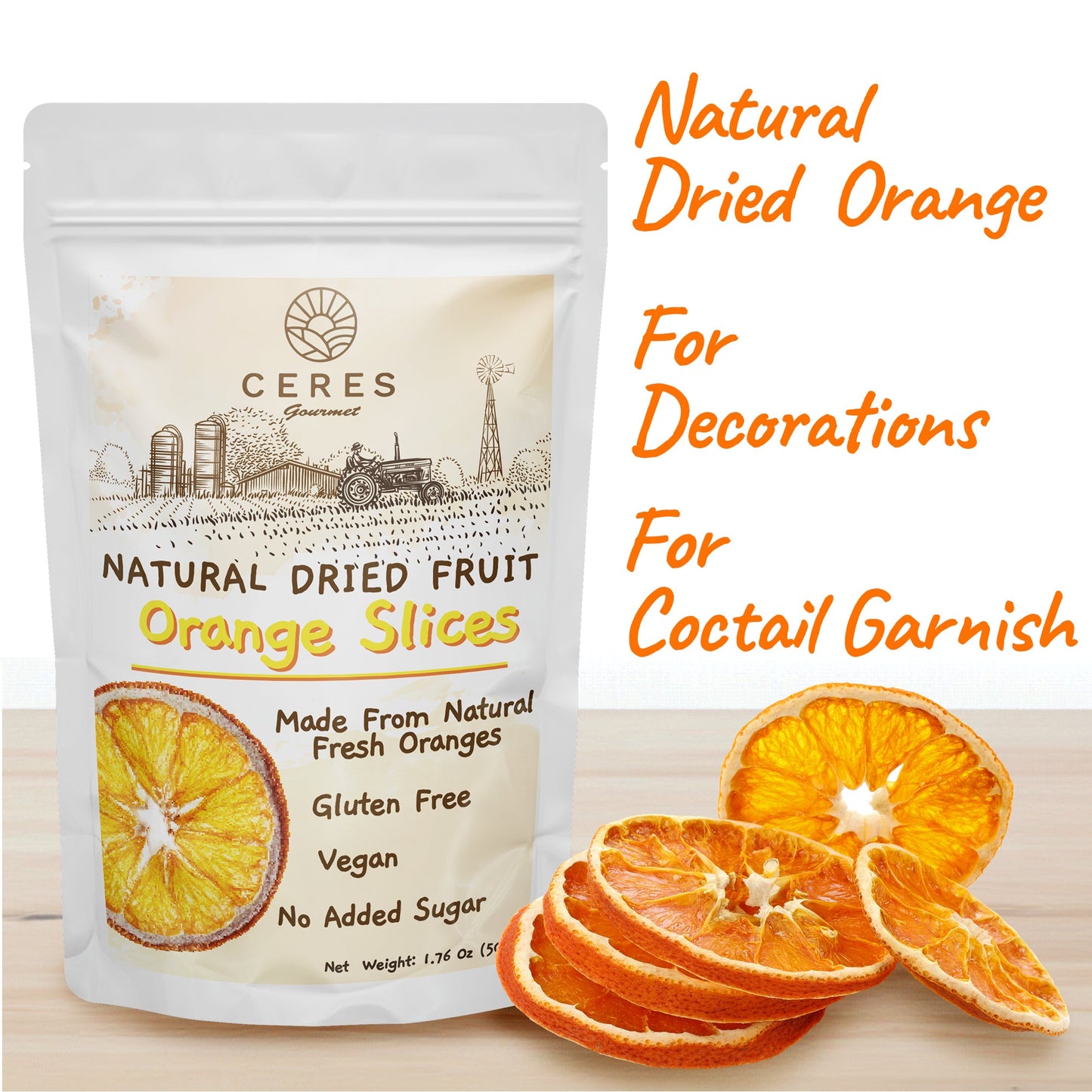 Dried Orange Slices for Cocktail Garnish (30 to 35 Slices) 3.5 Oz, Dehydrated Orange Wheels for Cake, Cooking, Decoration, Christmas Decor, Natural Sun Dried Citrus Fruit - Ceres Gourmet