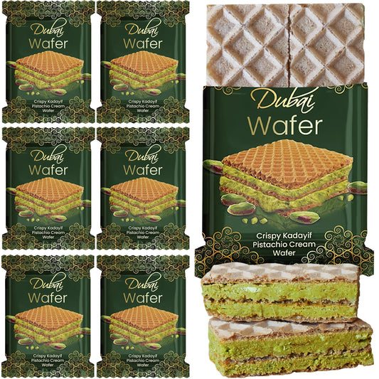 Six packs of Ceres Gourmet Dubai Chocolate Pistachio Wafer are displayed, with one open to reveal layered gourmet wafers filled with green pistachio cream and kadayif—a delicious treat inspired by pistachio kunafa chocolate.
