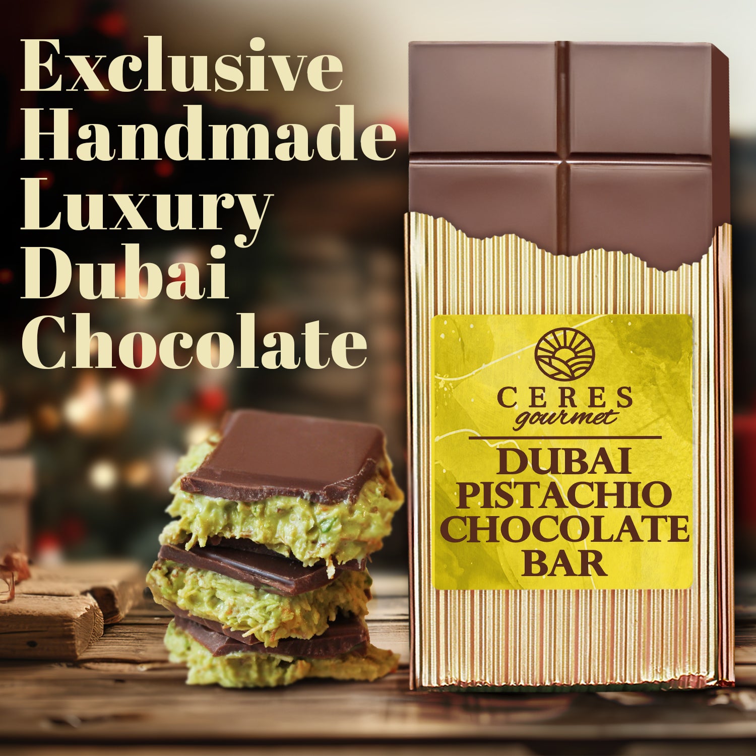 A Ceres Gourmet Special Viral Dubai Chocolate Pistachio Bar 7oz with Elegant Box stands upright in golden packaging. Stacked pieces show a green pistachio and kunafa filling. Text: Exclusive Handmade Luxury Dubai Chocolate.