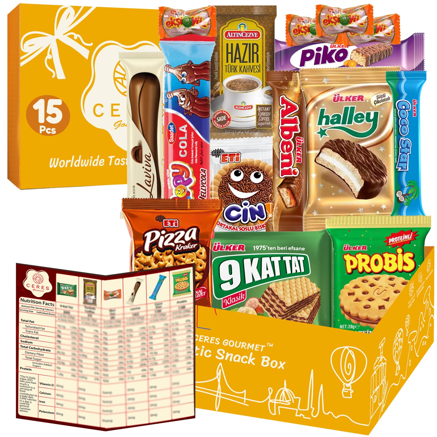 The Ceres Gourmet International Exotic Treats Box features 15 premium foreign rare snacks, including assorted biscuits, wafers, and cookies in colorful wrappers—a perfect international sampler experience.
