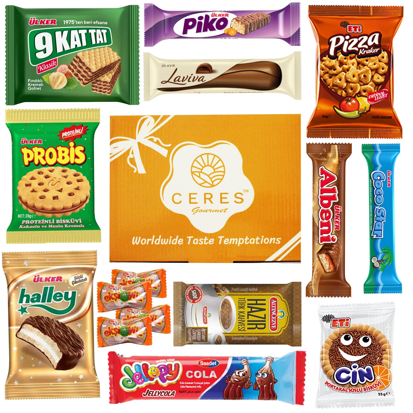 An assortment of Turkish snacks and sweets surrounds a yellow Ceres Gourmet box labeled International Exotic Treats Box - 15 Premium Foreign Rare Snacks.