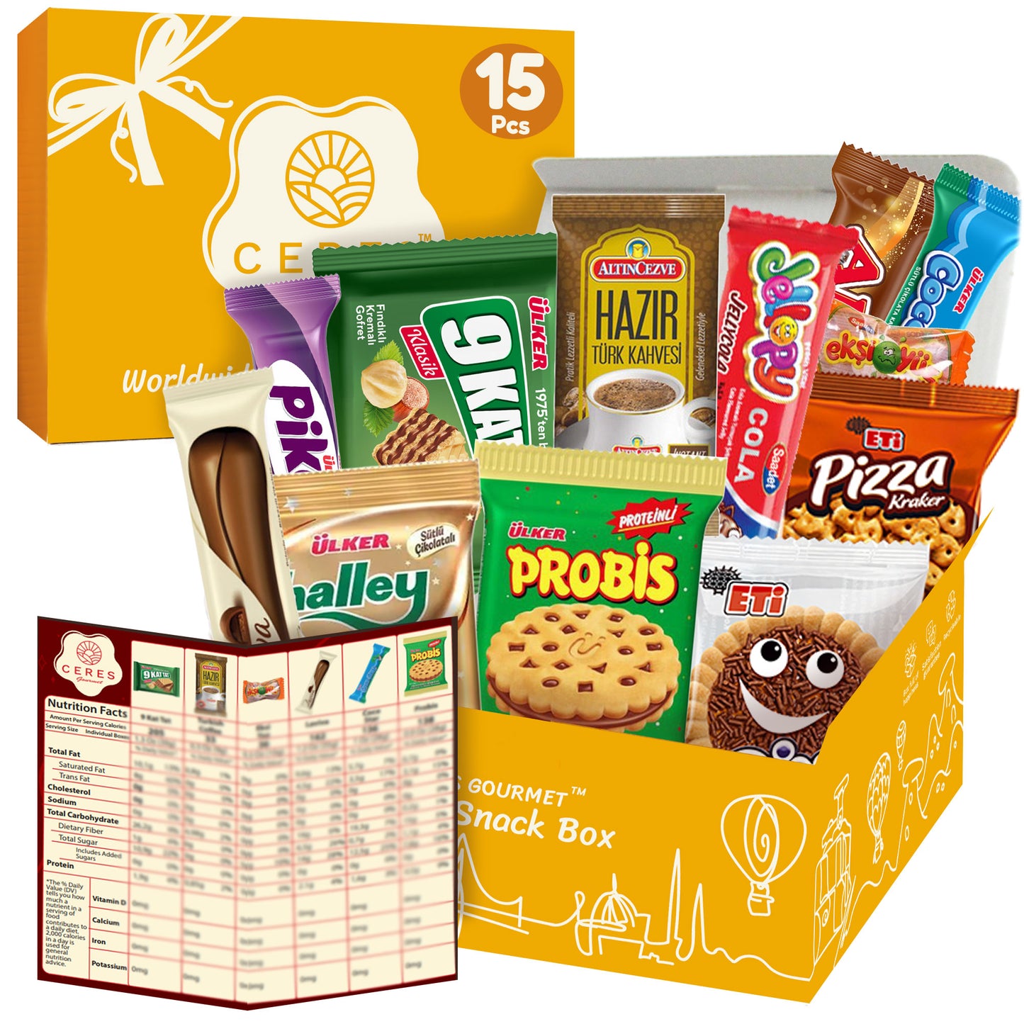 The Ceres Gourmet International Exotic Treats Box—15 Premium Foreign Rare Snacks—features a yellow box filled with colorful wafers, cookies, and candies. An open nutrition facts sheet is displayed in front of this global sampler.
