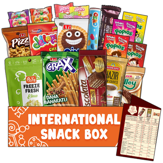 A vibrant selection of chips, biscuits, wafers, and rare candies from Ceres Gourmet’s International Snack Box (12 different snacks, 15+ pieces), displayed above the orange box with a product list beside it.