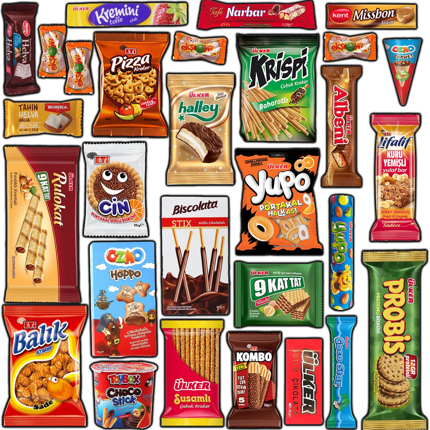 Ceres Gourmetâs International Snack Box 30 Unique Pcs offers a vibrant selection of global snacks and Turkish candiesâcookies, chocolate bars, wafers, chips, crackers, and lollipopsâall in colorful packaging on a white background.