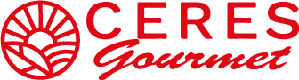Red CERES Gourmet logo with a stylized sun rising over a field inside a circle to the left of the text. CERES is in bold uppercase, Gourmet is in script font.