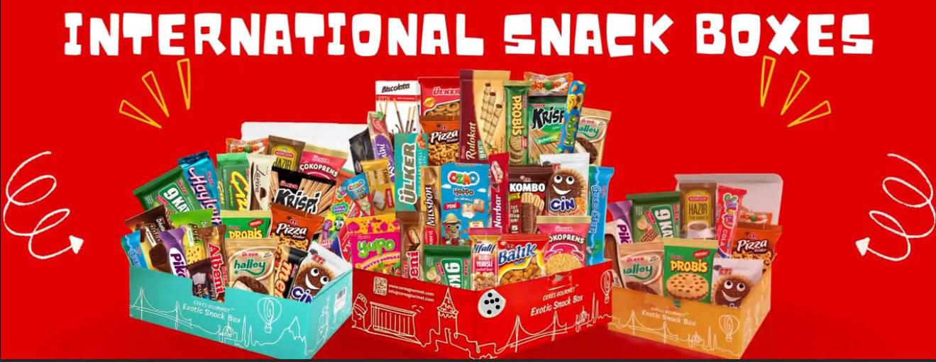 Ceres Gourmet International Snack Boxes on a red background with various snack packages displayed.