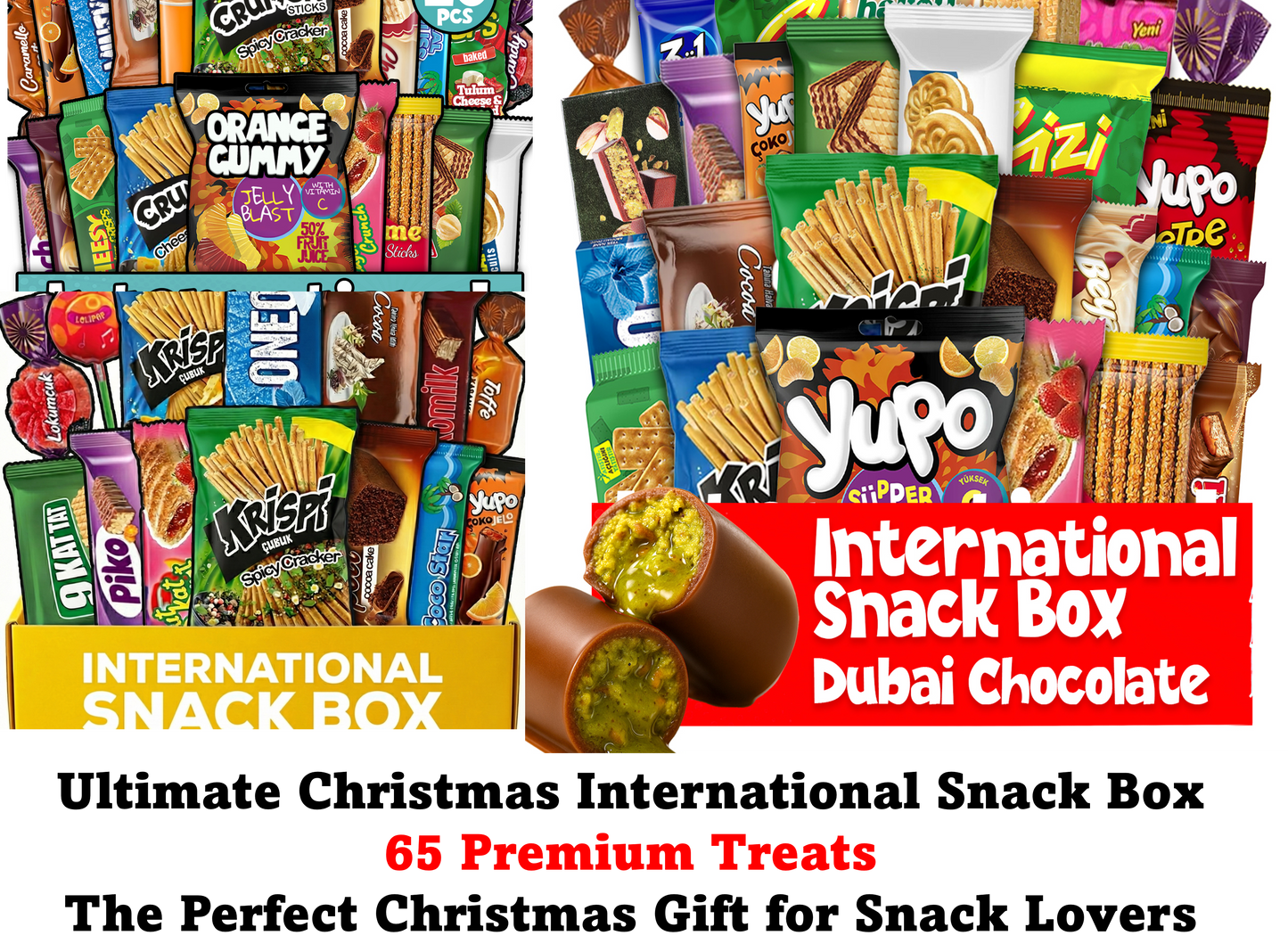Assorted snack packets with 'International Snack Box Dubai Chocolate' branding.