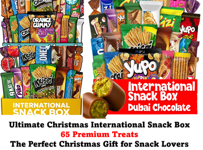 Assorted snack packets with 'International Snack Box Dubai Chocolate' branding.